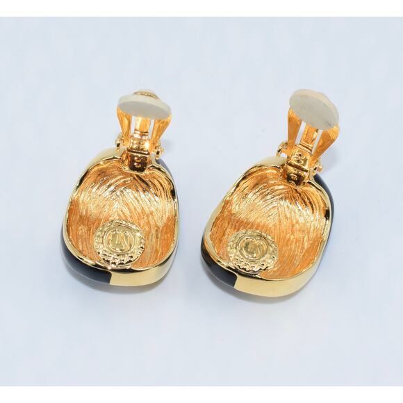 St. John Designer Black & Gold Enamel Clip Earrings - Picture 6 of 7